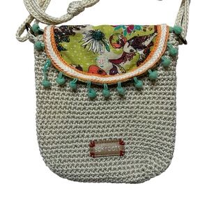 Sakroots Beige Women's Crochet Peace Crossbody Purse Bag Pom Pom Flap